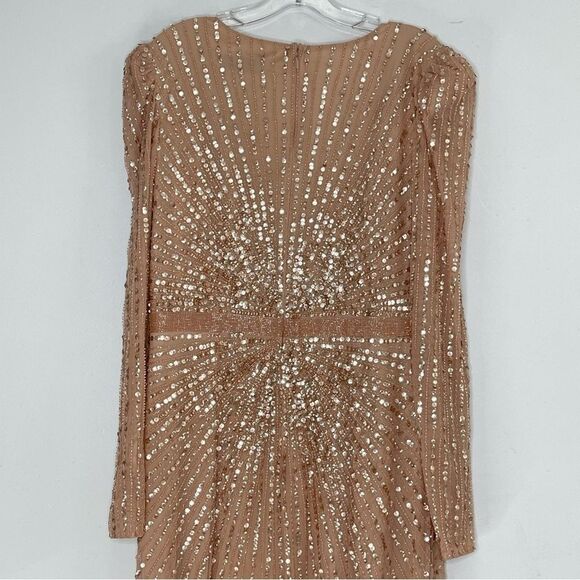 Mac Duggal 5715 Sequin Wrap-Over Long-Sleeve Embellished Gown, Rose, Size 10 - Picture 5 of 11